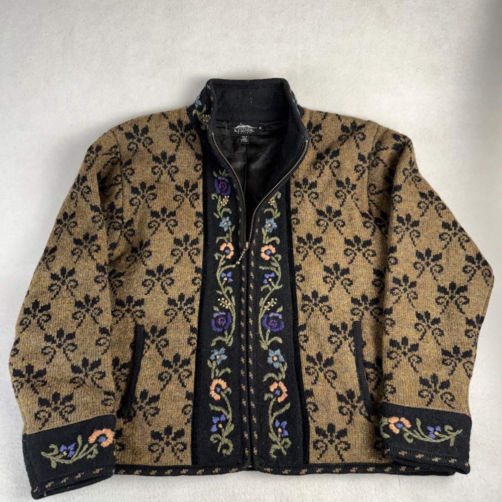 Icelandic Design Womens M Tan Black Floral Embroidered Zip Wool Knit‎ Jacket